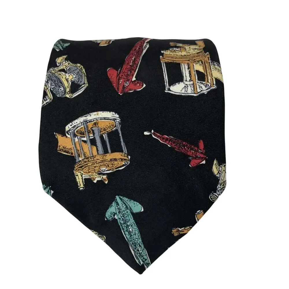 Fishing Silk Neck Tie USA Navy Blue Lures and Reels Red Tan Vintage Outdoors